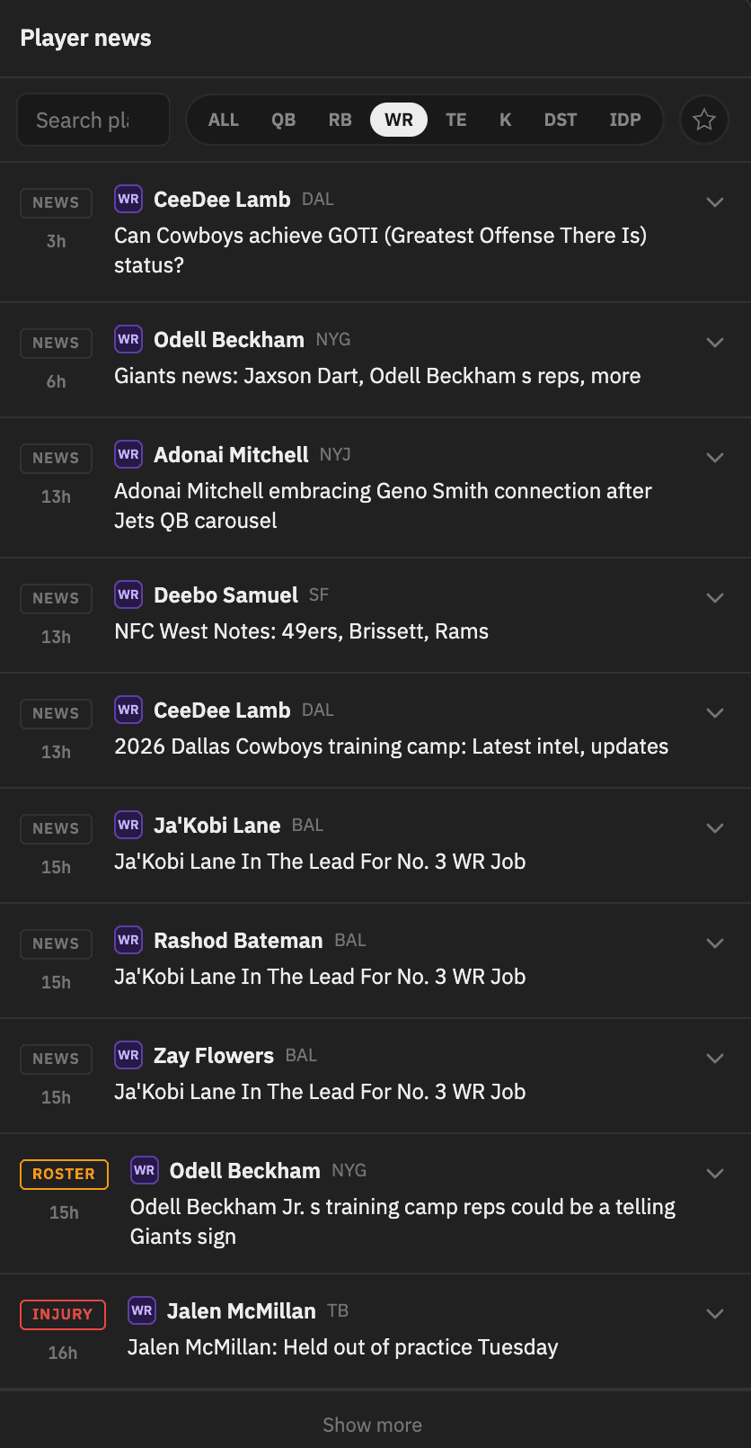 Player News Feed